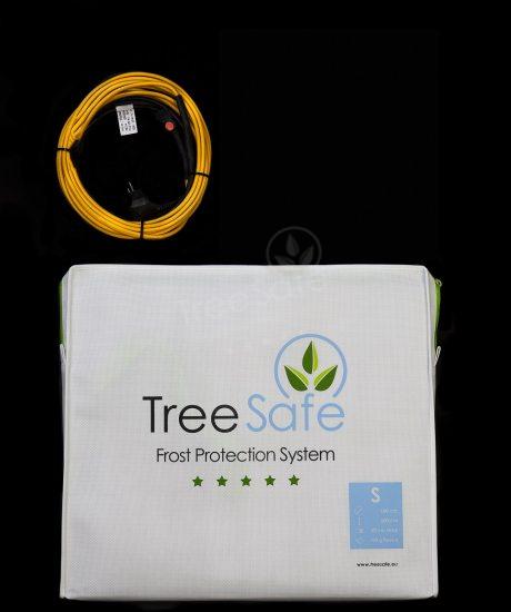 TreeSafe-Baumjacke mit einem TreeSafe-Wärmeschlauch, die Baumjacke ist weiß und der Wärmeschlauch orange