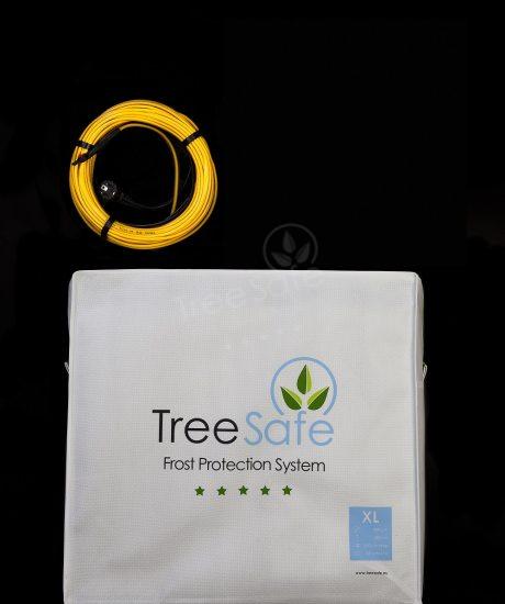 TreeSafe-Baumjacke mit einem TreeSafe-Wärmeschlauch, die Baumjacke ist weiß und der Wärmeschlauch orange